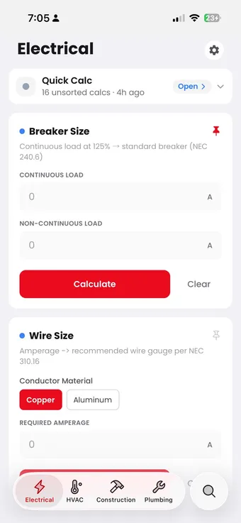 FieldDojo — Electrical trade: Breaker Size calculator citing NEC 240.6 and Wire Size calculator citing NEC 310.16, with the four-trade tab bar below